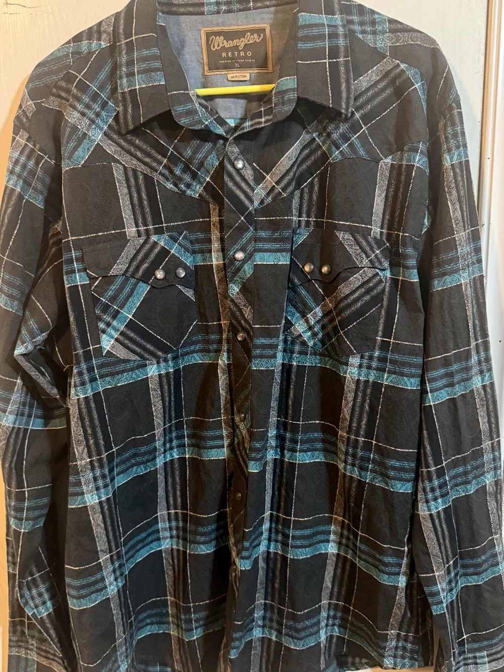 Wrangler Retro Black and Teal Plaid Western Shirt